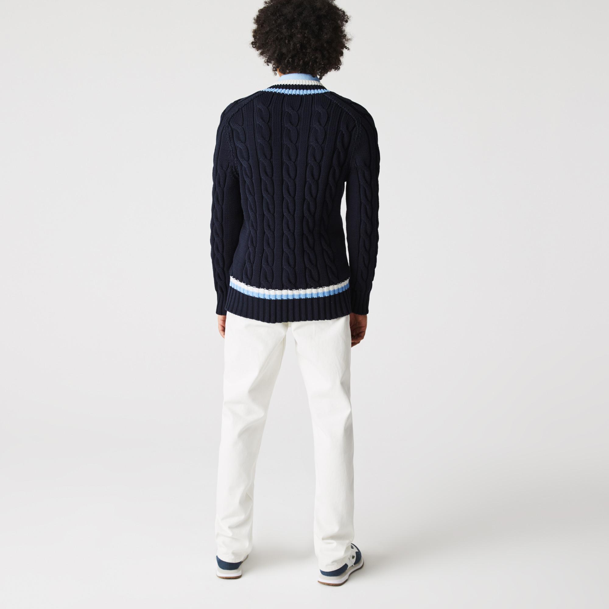 Lacoste Unisex V-neck Striped Finishes Cable Knit Sweater